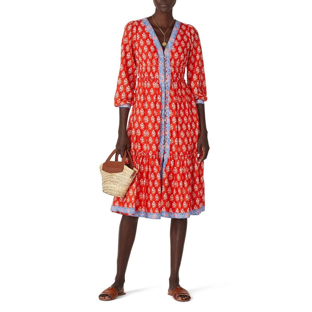 J.Crew 100% Cotton Tiered Floral Midi Dress Cerise Cove Sz 00 Resort Vacation - Picture 2 of 16
